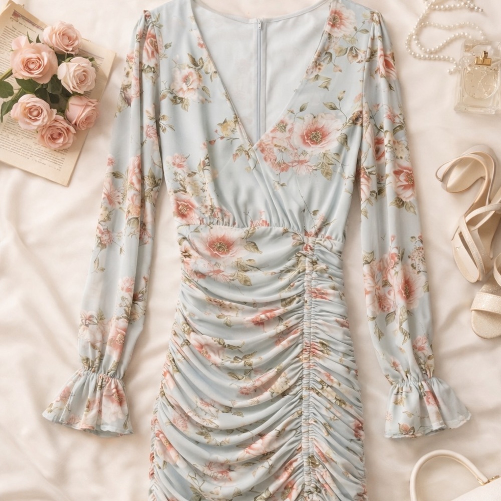 Privy Blue Floral Ruched Long Sleeve Dress | Romantic Cottagecore Midi